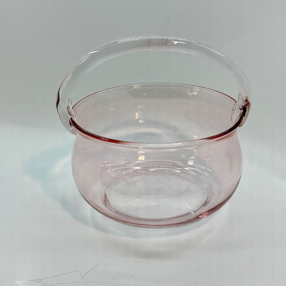 Blush Pink Hand Blown Crystal Glass Basket Vase, Tea Serving Bowl, Cottagecore - Picture 4 of 14